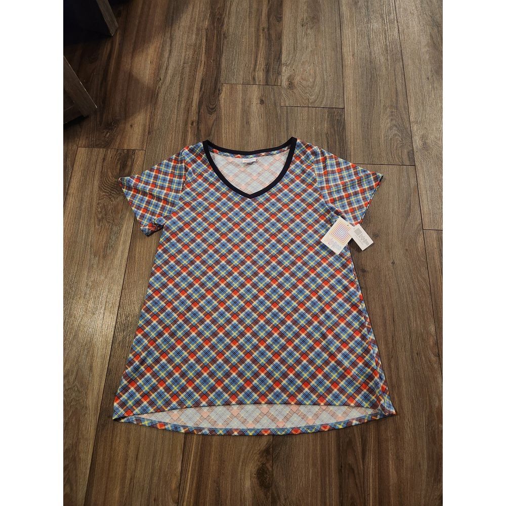 LuLaRoe Christy T with Yellow, Red, and Yellow Plaid V-Neck Shirt‎
